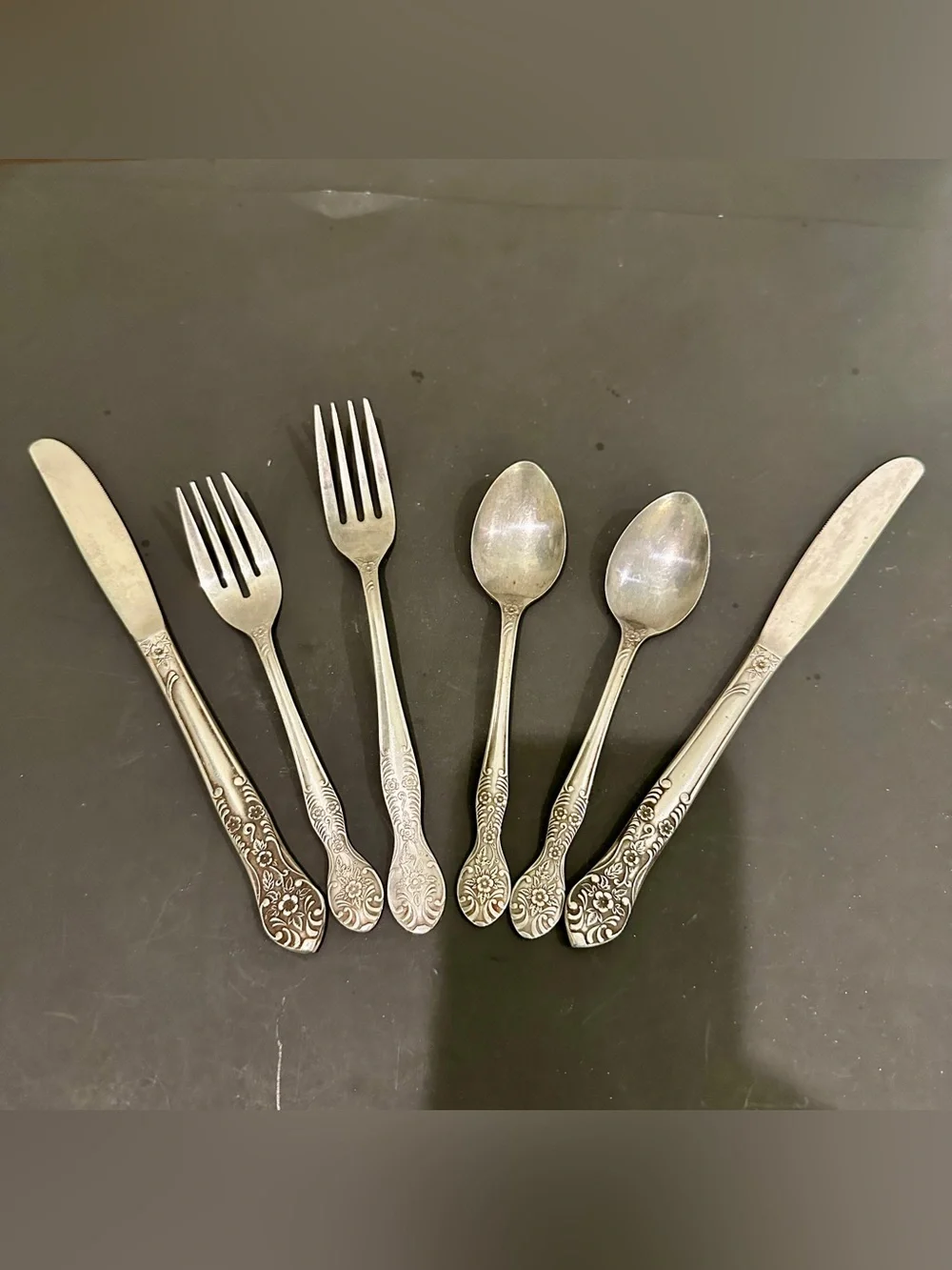 Vintage National Stainless Japan Floral Scroll Stainless Steel Flatware 6 Pcs.